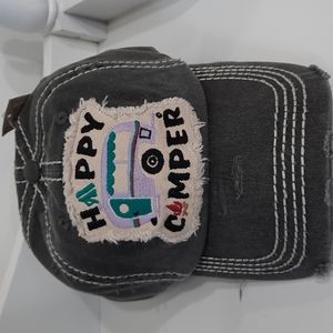 Happy Camper Baseball Cap Hat Headwear KBETHOS Vintage Look Camping Dark Gray
